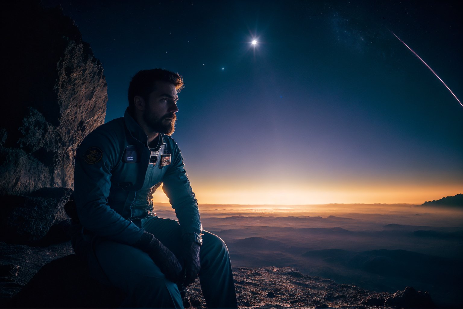 medium full body,  (70 degree side angle),  a 30 y.o explorer,  facial hair,  sitting on a research platform floating in the middle of an asteroid belt. He looks confident and determined,  looking at the vast and mysterious universe with wonder and respect,  surrounded by several asteroids glowing with fiery auras. Dramatic lighting from distant stars and planets illuminates the scene,  casting deep shadows on the suit. film photography,  film grain,  glare,  film lighting