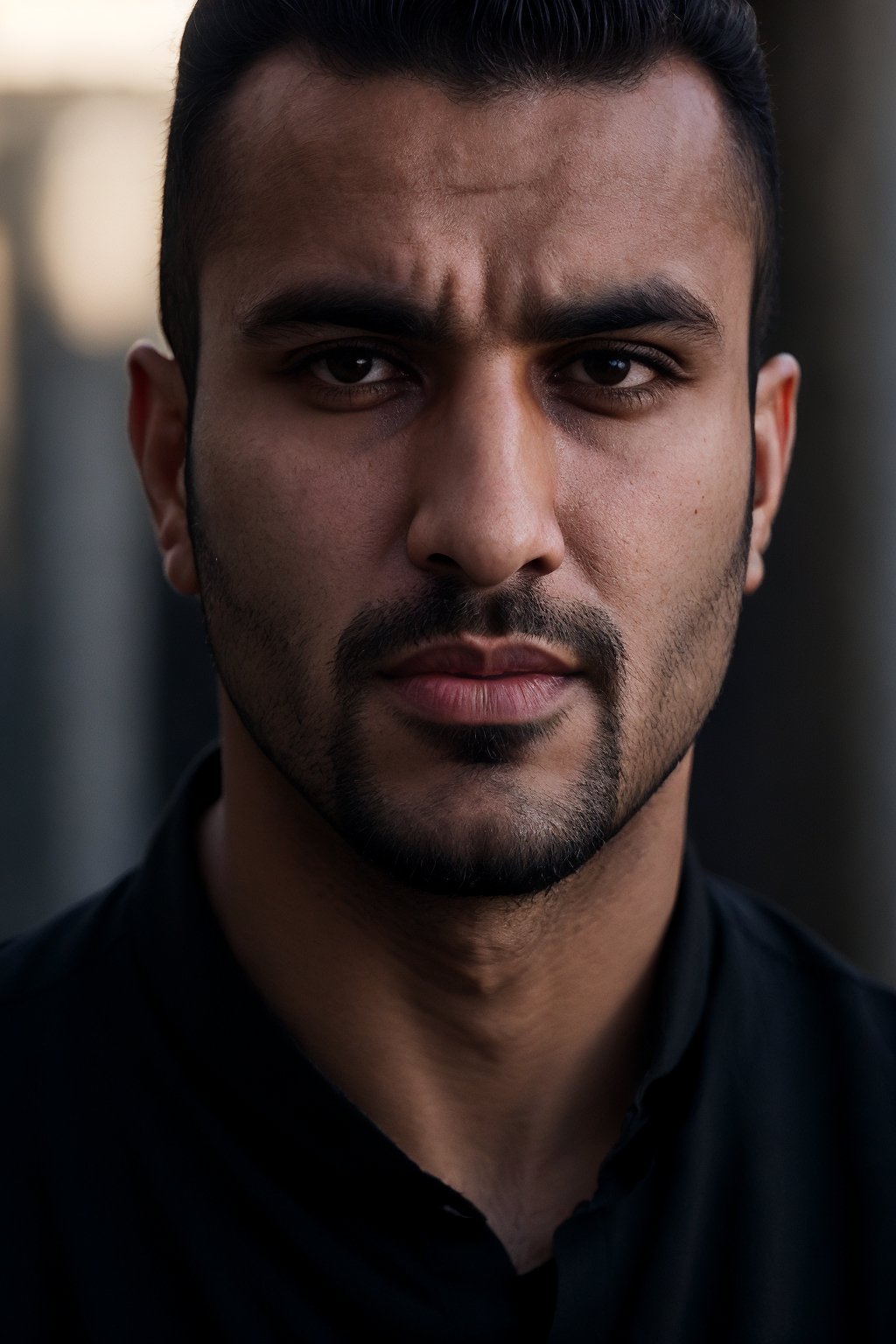 medium close-up,  30 y.o Arab man,  wearing black shirt,  serious face,  backlit,  diffuse light,  cinematic lighting