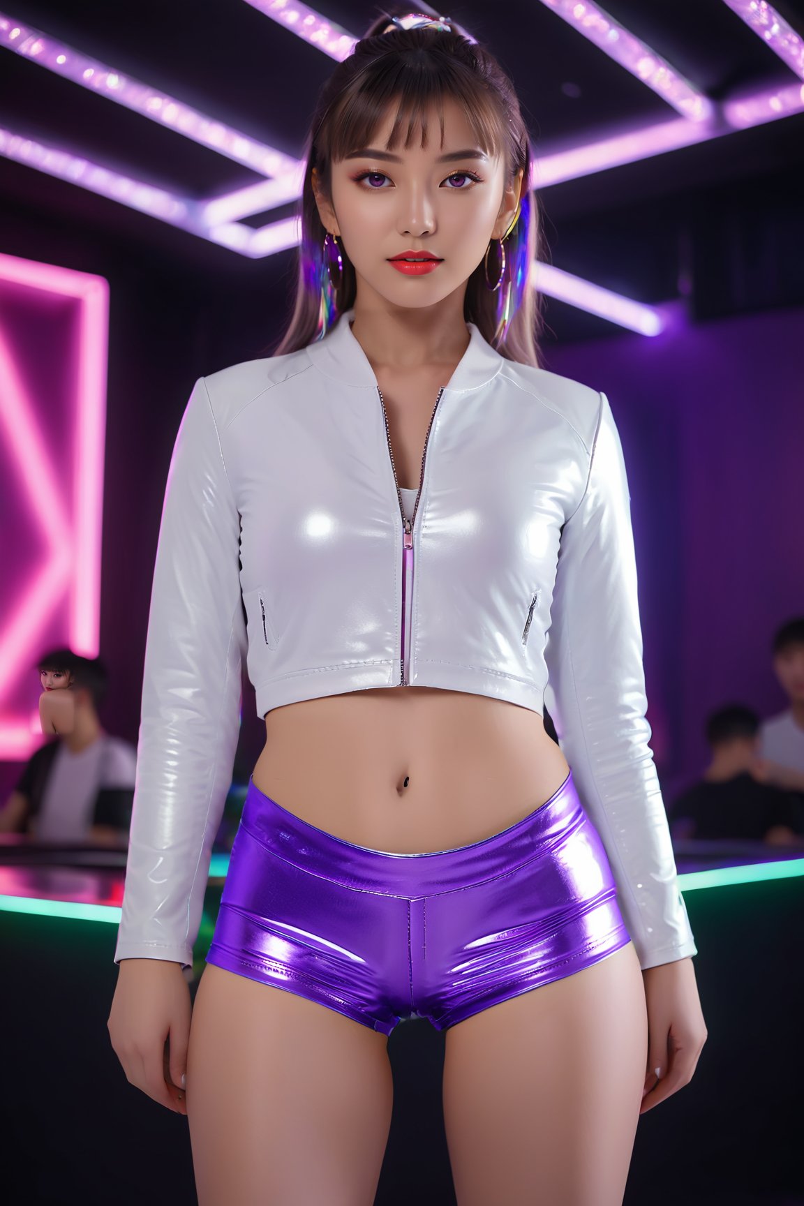 1woman, beautiful woman, on the dance floor, [beautiful eyes], a tight purple leather jacket, a white Rave Metallic Booty Shorts, thighs, toned body, ((long gradient hair, bangs)), posing, full body shot, makeup, hourglass, Exquisite skin details and textures, (8k, 4k, intricate), sony lens, bokeh, masterpiece, symetrical face, intricate, very detailed hands, thisset colors, best quality (photorealistic:1.4), (HDR:1.4), (vibrant color:0.5), nightclub, neon lights, lazer lights,  depth of field, cinematic light, perfection, SFW,LegendDarkFantasy,neon photography style,korean girl