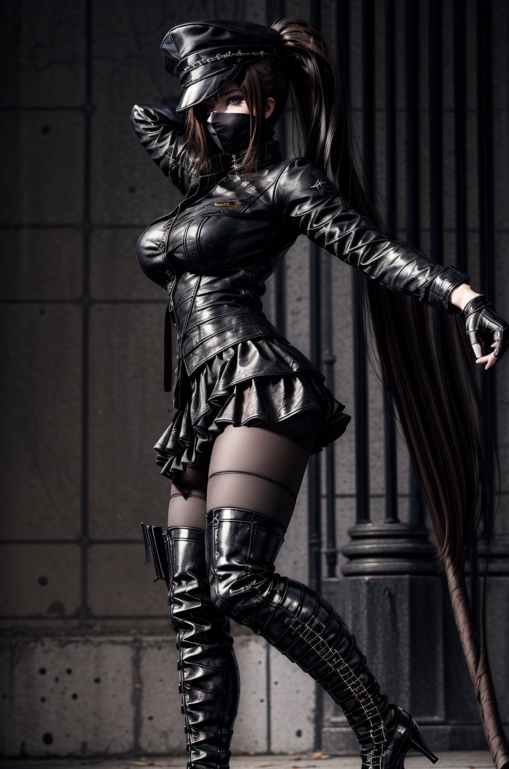 succubus,  ultra-detailed,  (1girl,  full body shot:1.2),  smug,  gangster,  hair across face,  portrait,  8k,  long hair,  police hat,  wearing bandanna that cover her face,  latex button jacket and short skirt,  thigh high boots,  gloves,  stockings,<lora:EMS-179-EMS:1.200000>,<lora:EMS-292133-EMS:0.800000>