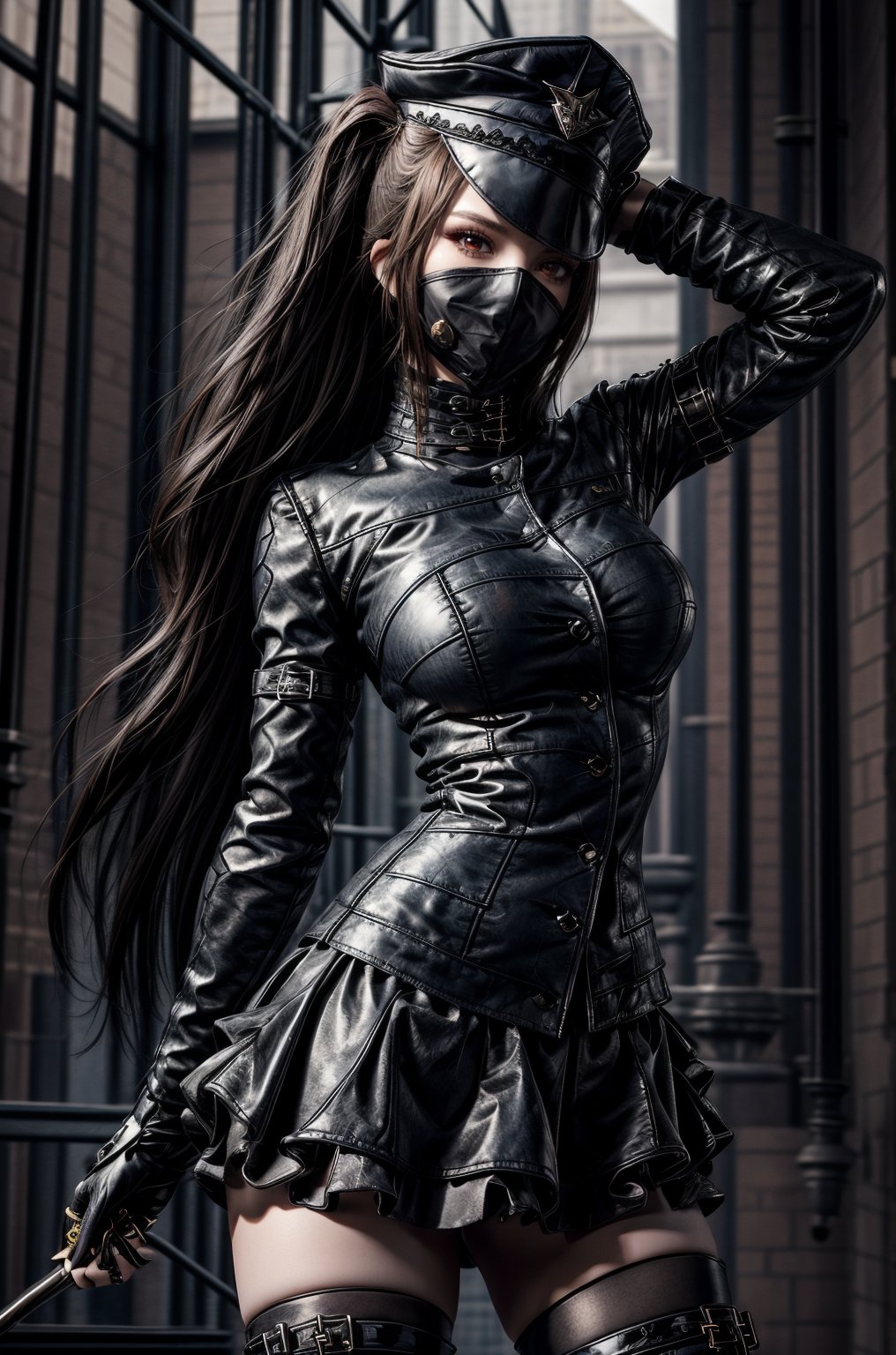 succubus,  ultra-detailed,  (1girl,  full body shot:1.2),  smug,  gangster,  hair across face,  portrait,  8k,  long hair,  police hat,  wearing bandanna that cover her face,  latex button jacket and short skirt,  thigh high boots,  gloves,  stockings,<lora:EMS-179-EMS:1.200000>,<lora:EMS-292133-EMS:0.800000>