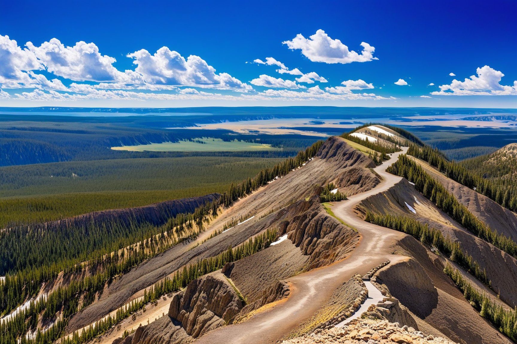 ((Hyper-Realistic)) detailed scene of Mount Washburn Summit \(wash9urn\) in Yellowstone,summit at eye level,outdoors,blue sky,day,rock,horizon,green mountain,landscape,trail,tree
BREAK 
aesthetic,rule of thirds,depth of perspective,perfect composition,studio photo,trending on artstation,cinematic lighting,(Hyper-realistic photography,masterpiece, photorealistic,ultra-detailed,intricate details,16K,sharp focus,high contrast,kodachrome 800,HDR:1.2),photo_b00ster,real_booster,ye11owst0ne,(wash9urn:1.2),Ye11owst0ne