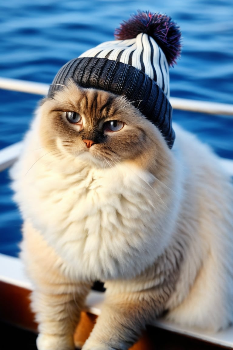 On boat, (birman cat, wearing beanie on head), looking at viewer, portrait, super detailed,  realistic, dslr, no humans