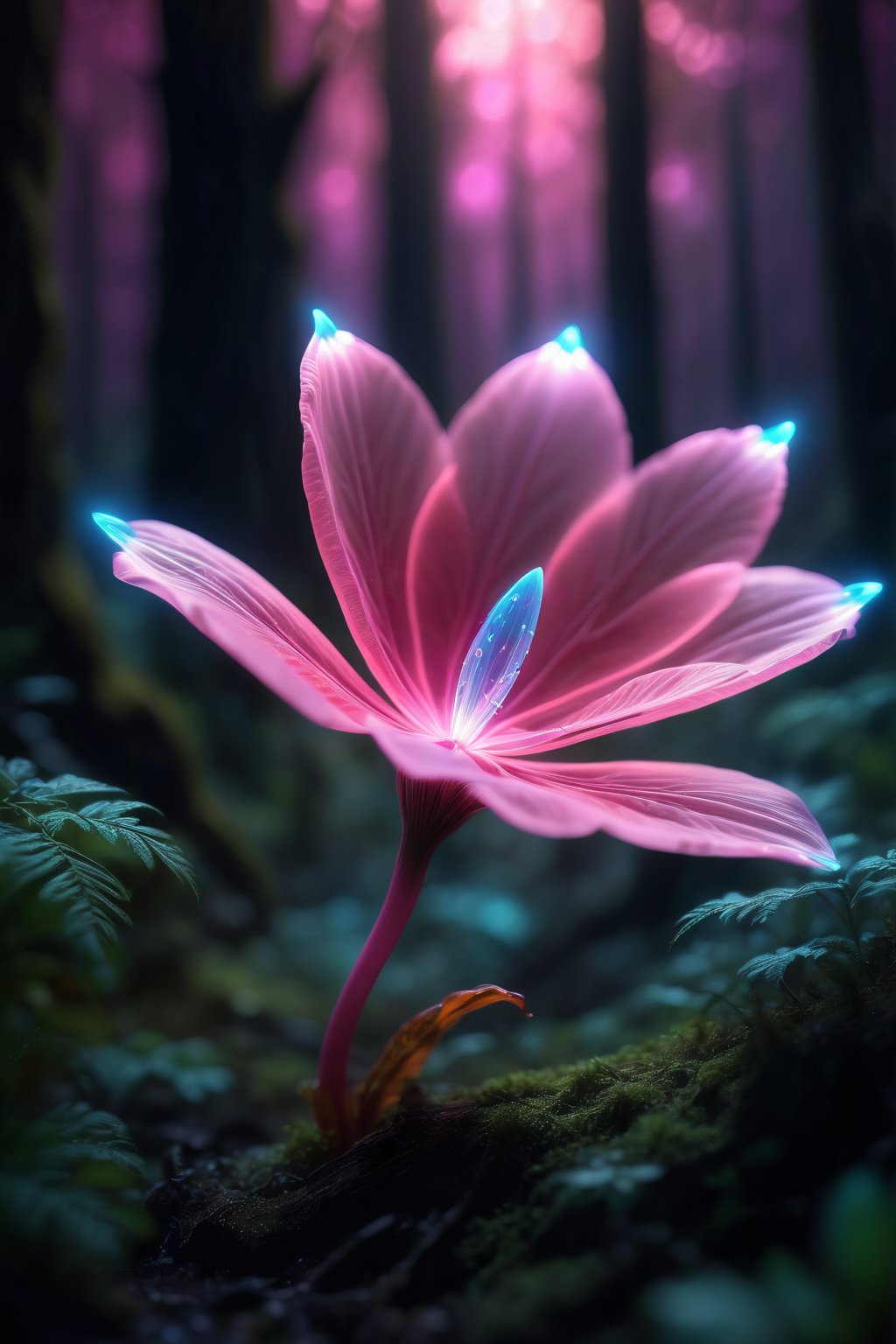 skp style, bioluminescent pink flower,fabulous night forest,magical radiance,Concept art,depth of field,Raw photo,realistic,cinematic lighting,soft shadows,sharp focus,fractal,colorful,depth of field,best quality,16k resolution,vivid colors,volumetric lighting,