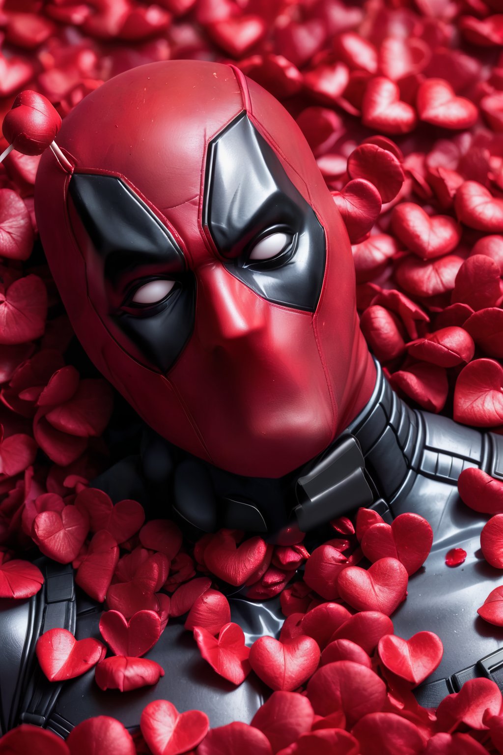 skp style, Cute Deadpool lies in red rose petals in a subtle pose, blows kisses to the photographer, photo from above, love atmosphere, lots of hearts, holds a heart-shaped lollipop, love photo from above, atmosphere of love, lots of hearts , masterpiece, 8k, UHD, high details, too much emotions, modern art, abstract vision of love
