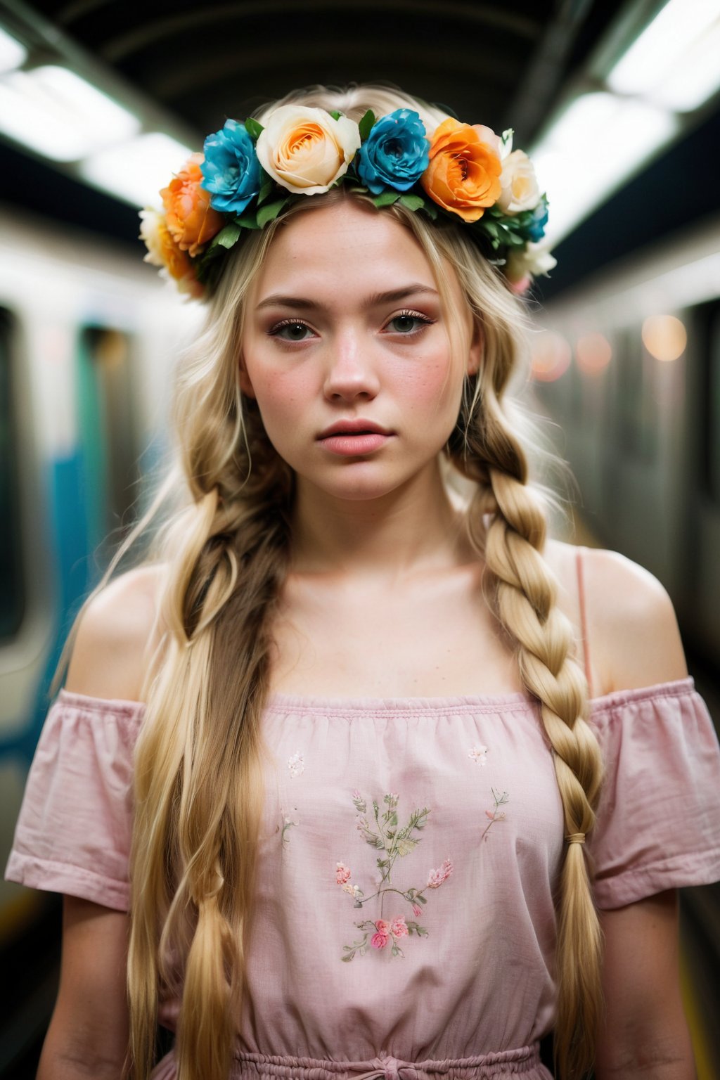 skp style, analog portrait photograph of a 20 year old girl with long blonde hair in braids and a flower crown standing in a subway station, pale skin, blush, detailed skin, pouting, innocent, street photography, subway cars, tunnel, overhead artificial lighting, MTA, metro, bright, dark and moody, trains, train tracks, public transportation, string lights, retro, bokeh, Porta 160 color, shot on ARRI ALEXA 65, sharp focus on subject, Fujifilm XT-3, 
