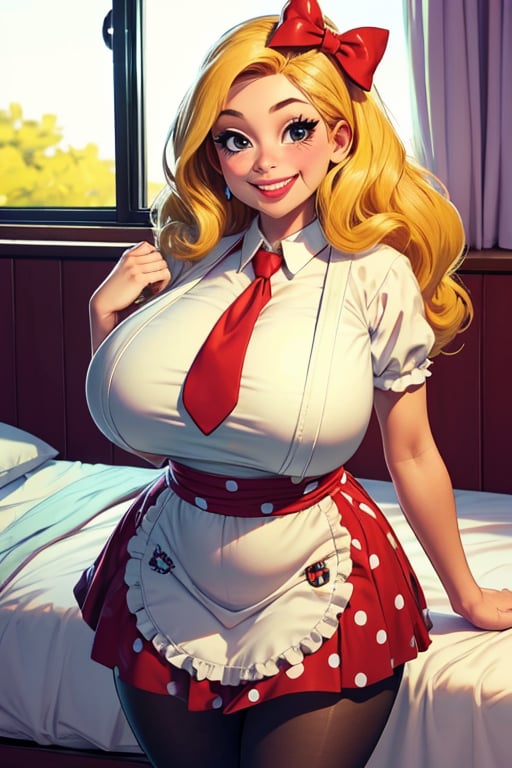 rounded boobs, big boobs, huge boobs, high resolution, 1girl, looking at camera, bedroom, window in background,thick thighs, thin waist, standing, smile, happy, red bow, blonde hair, long hair, grin, black eyes, pantyhose, (wide mouth:1.2),missdelight, polka dot skirt, apron, hair bow, necktie, horror \(theme\), big eyes, big mouth