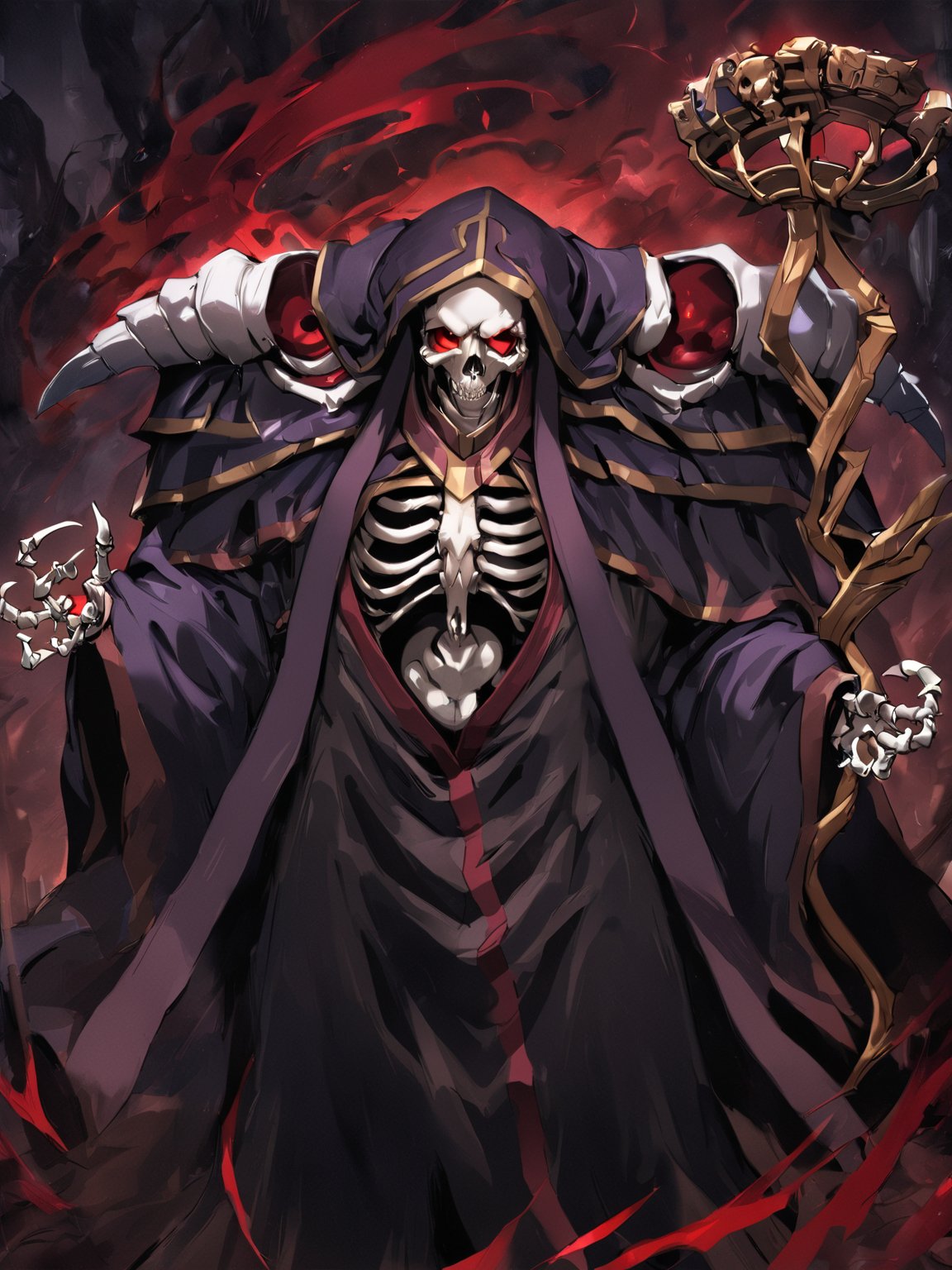 //Quality,
masterpiece, best quality, detailed
,//Character,
solo,
,//Fashion,
,//Background,
,//Others,
,ainz ooal gown \(overlord\), 1boy, red eyes, skull, skeleton, glowing, hood, shoulder armor, robe, staff