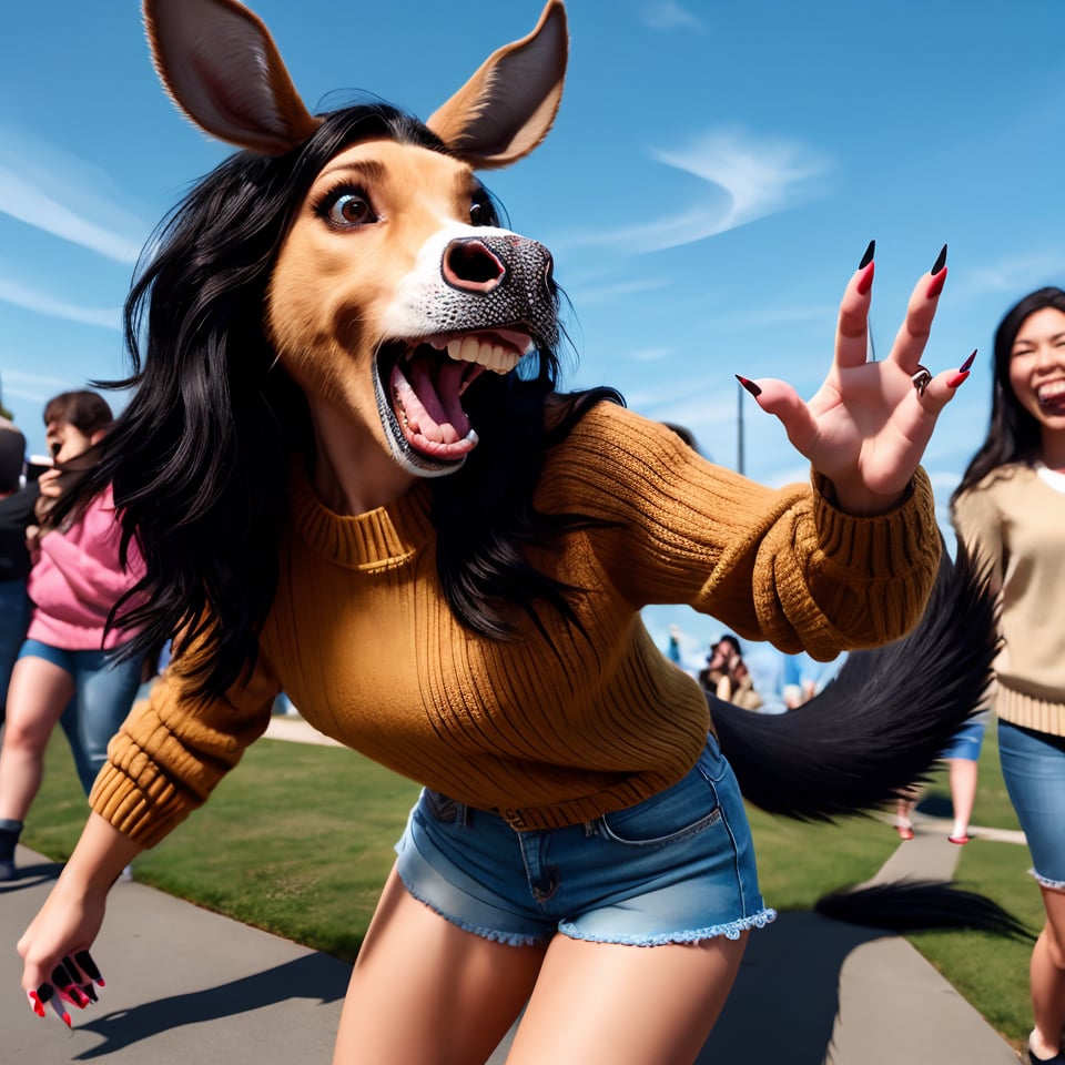 1girl,long hair,open mouth,black hair,tail,outdoors,sky,shorts,teeth,solo focus,day,bag,nail polish,sweater,fingernails,sparkle,denim,black nails,furry,faceless,furry female,sharp fingernails,faceless female,crowd,hooves