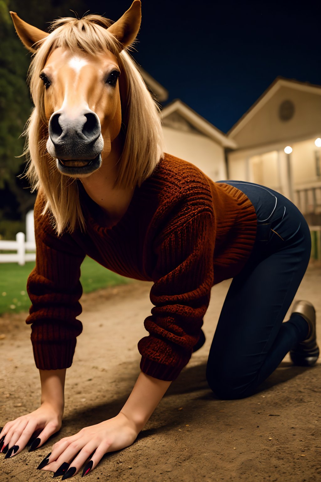 solo,brown eyes,outdoors,teeth,nail polish,sweater,no humans,night,all fours,black nails,horse