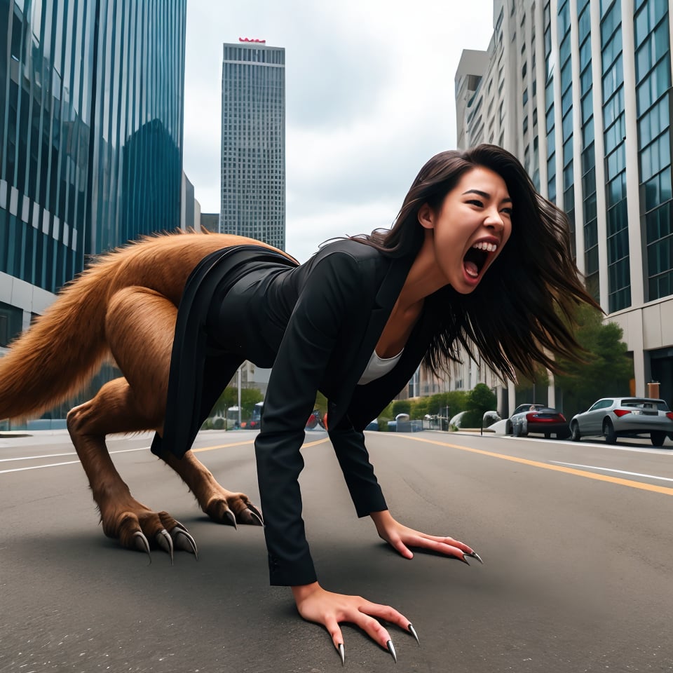 1girl,solo,long hair,open mouth,black hair,jacket,tail,outdoors,monster girl,all fours,ground vehicle,building,motor vehicle,claws,city,realistic,car,road,street
