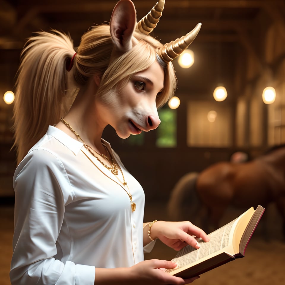 1girl,solo,long hair,shirt,holding,animal ears,brown eyes,jewelry,white shirt,upper body,ponytail,horns,necklace,blurry,from side,fingernails,book,sparkle,blurry background,horse ears,furry,holding book,open book