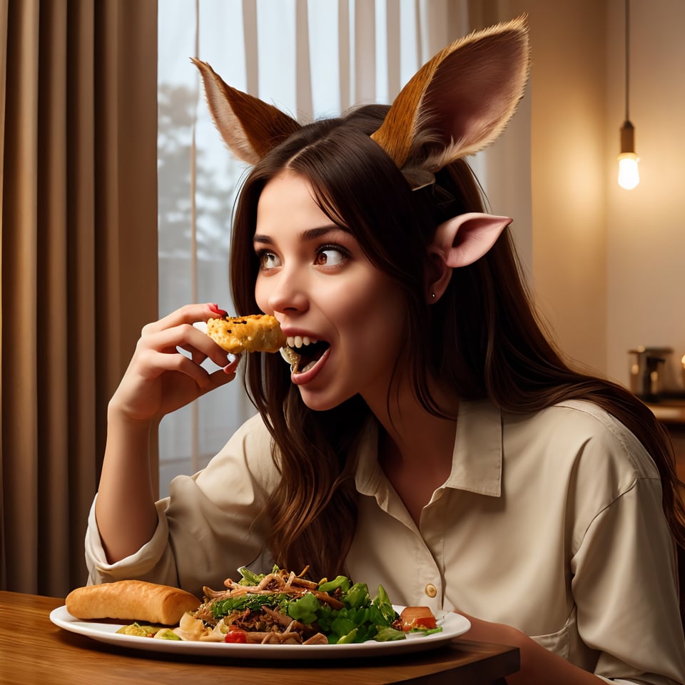 1girl,solo,long hair,brown hair,shirt,holding,animal ears,brown eyes,food,horns,teeth,indoors,fingernails,window,night,eating,table,holding food,curtains,realistic,horizontal pupils