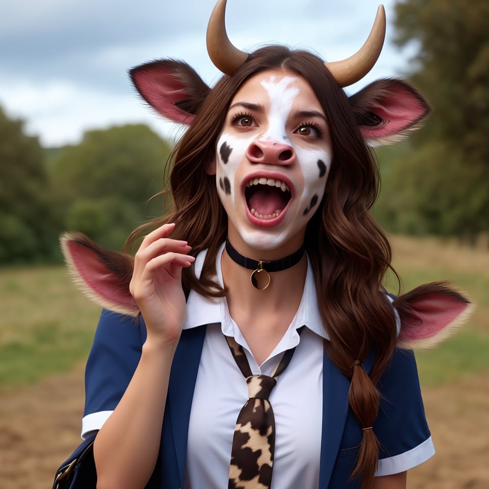 1girl,solo,long hair,looking at viewer,open mouth,brown hair,shirt,animal ears,brown eyes,school uniform,upper body,horns,teeth,choker,bag,blurry,collar,animal print,realistic,cow print,cow ears,cow horns,facepaint