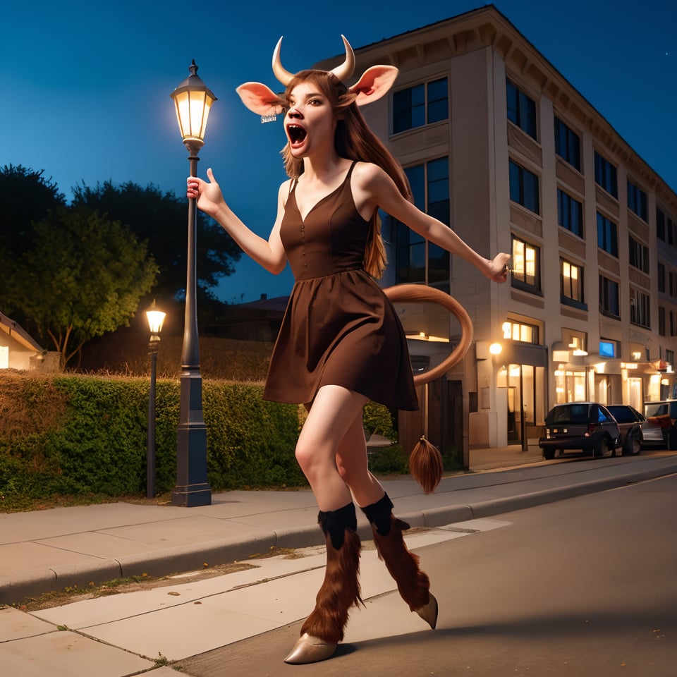 1girl,solo,long hair,open mouth,brown hair,dress,animal ears,tail,horns,night,parody,monster girl,building,running,cow ears,cow girl,lamppost,cow tail,street,hooves