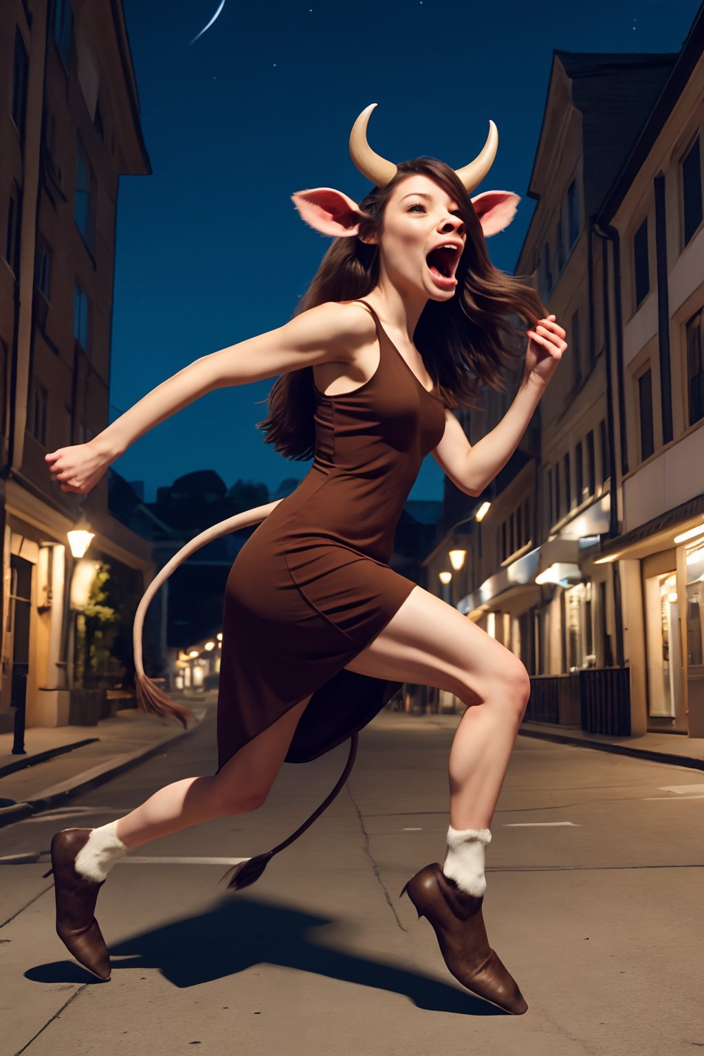 1girl,solo,long hair,open mouth,brown hair,dress,animal ears,tail,horns,night,parody,monster girl,building,running,cow ears,cow girl,lamppost,cow tail,street,hooves