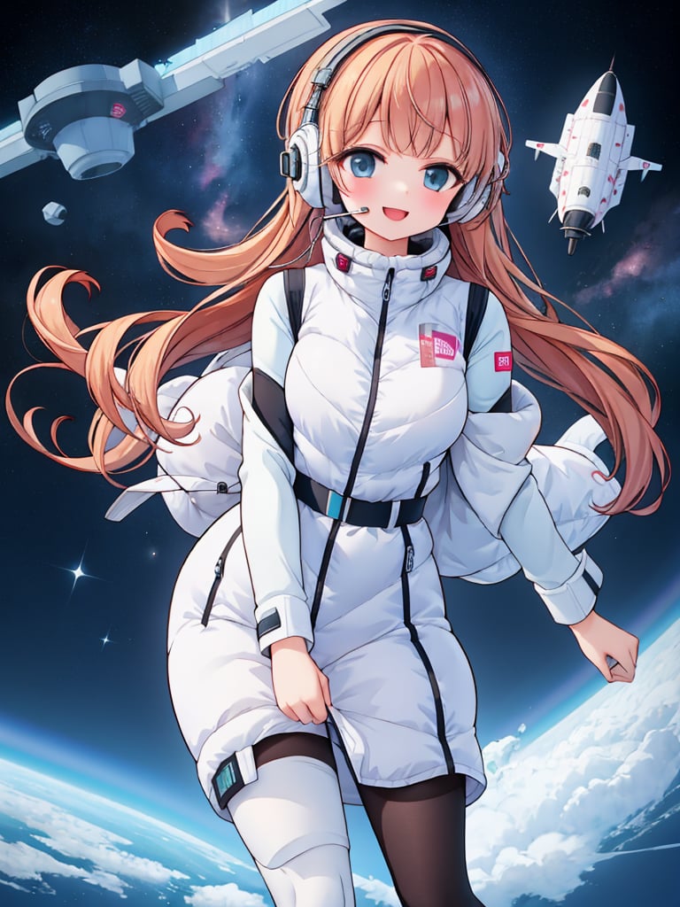 masterpiece, highest quality, High resolution, 2 girls,beautiful girls,(close shot):2,(floating girl):8,(zero gravity):8, (Big jump):5,(flying):7, flight, fun, smile, shout, (fall):8,  dynamic angle,BREAK white downvest,headphone,headset,(white lng boots:1.2,Wind,Wind,Wind,BREAK,black belt,black stocking,black tights,black long sleeve BREAK inside futuristic space station,Scifi space ship control room BREAK Astrovest,tnf_jacket,bing_astronaut,astrovest