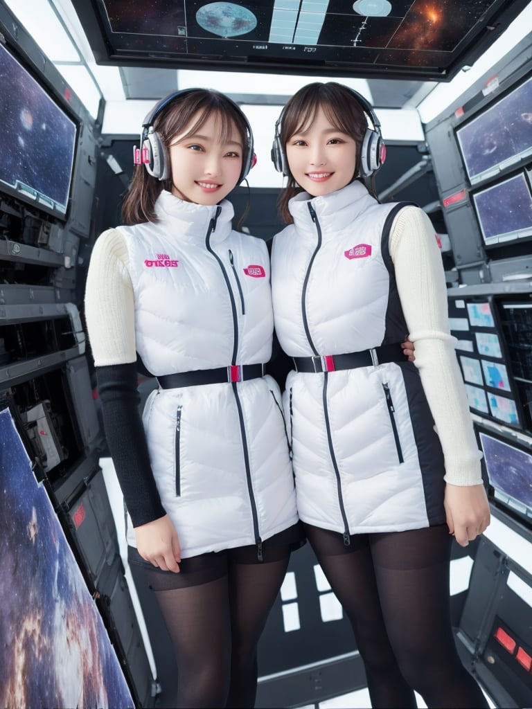 masterpiece, highest quality, High resolution, 2 girls,beautiful girls,(close shot):2,(floating girl):8,(zero gravity):8, (Big jump):5,(flying):7, flight, fun, smile, shout, (fall):8,  dynamic angle,BREAK white downvest,headphone,headset,(white lng boots:1.2,Wind,Wind,Wind,BREAK,black belt,black stocking,black tights,black long sleeve BREAK inside futuristic space station,Scifi space ship control room BREAK Astrovest,tnf_jacket,bing_astronaut,astrovest