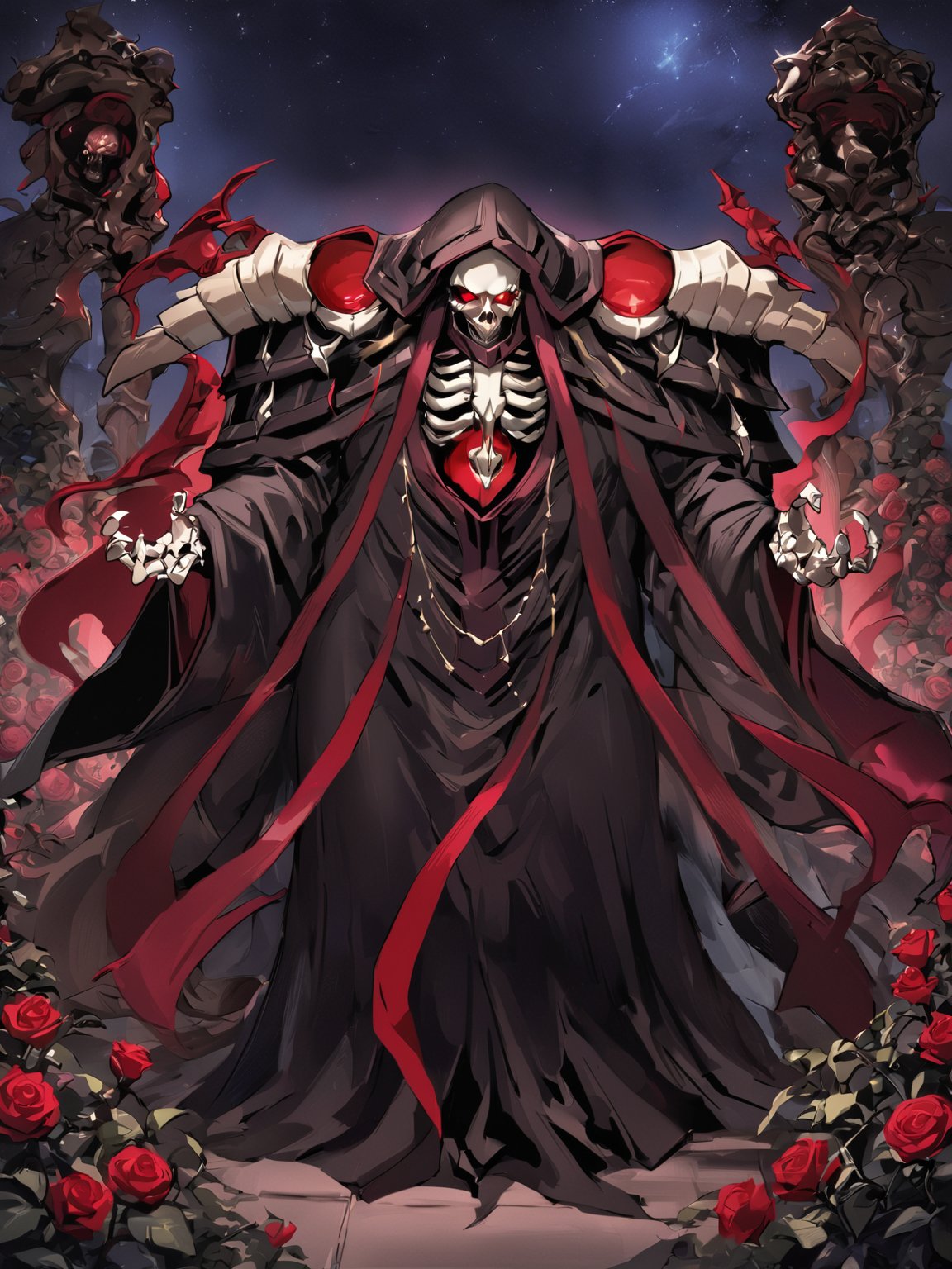 //Quality,
masterpiece, best quality, detailed
,//Character,
solo,
,//Fashion,
,//Background,
night, sky, star, rose garden
,//Others,
,ainz ooal gown \(overlord\), 1boy, red eyes, skull, glowing, hood, shoulder armor, robe