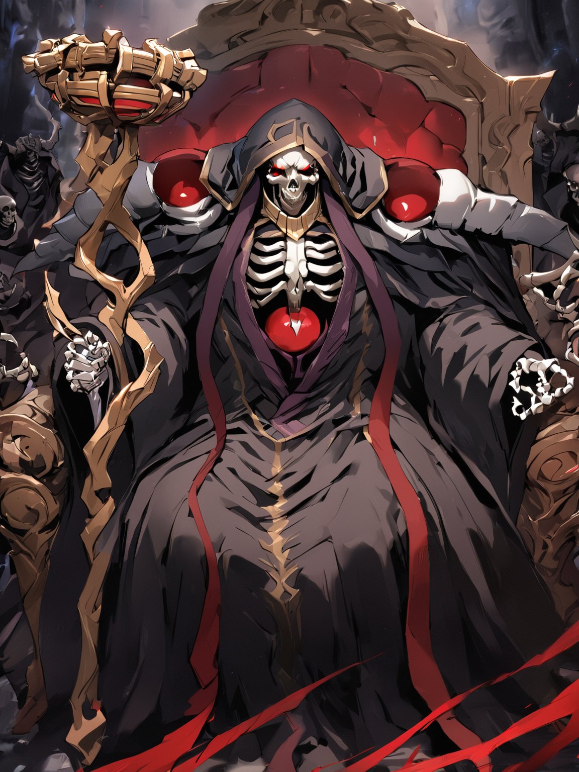 //Quality,
masterpiece, best quality, detailed
,//Character,
solo,
,//Fashion,
,//Background,
,//Others,
,ainz ooal gown \(overlord\), 1boy, red eyes, skull, skeleton, glowing, hood, shoulder armor, robe, staff, throne