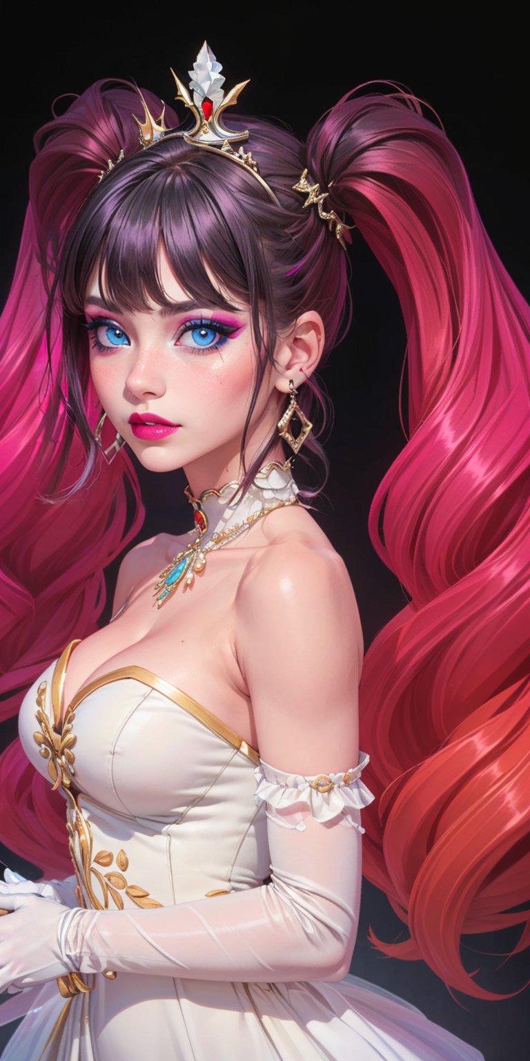 1girl, (masterpiece, best quality, ultra-detailed, 8K), ((black background)), vibrant colors, (twintails, drill_hair, bangs, very_long_hair, multicolor_hair)),((blue_eyes, grunge makeup, pink lips, ))large breasts, ((white dress, , strapless,sleeveless,)), ((blank background)) , happy_face, smile, jewels, ((upper_body, head and shoulder portrait,)), hair_ornament, crown, jewelry, looking_at_viewer,High detailed, CannonRose, elbow_gloves, gloves, ,CannonRose