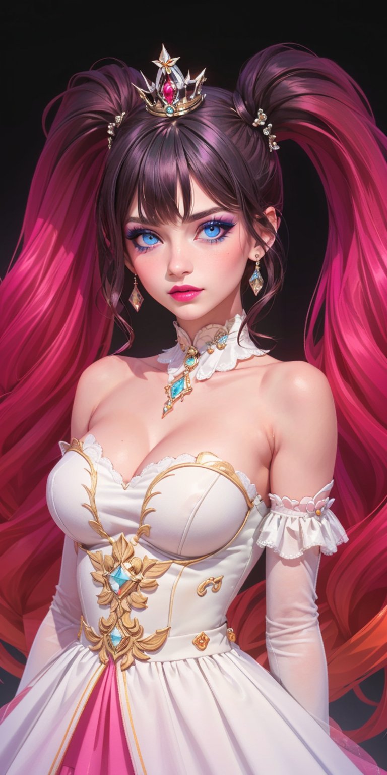 1girl, (masterpiece, best quality, ultra-detailed, 8K), ((black background)), vibrant colors, (twintails, drill_hair, bangs, very_long_hair, multicolor_hair)),((blue_eyes, grunge makeup, pink lips, ))large breasts, ((white dress, , strapless,sleeveless,)), ((blank background)) , happy_face, smile, jewels, ((upper_body, head and shoulder portrait,)), hair_ornament, crown, jewelry, looking_at_viewer,High detailed, CannonRose, elbow_gloves, gloves, ,CannonRose