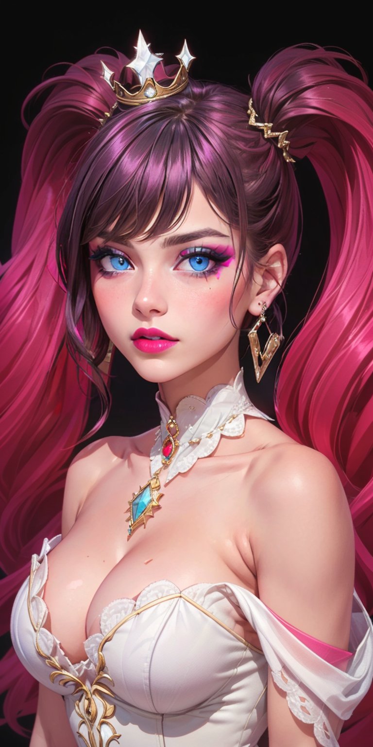 1girl, (masterpiece, best quality, ultra-detailed, 8K), ((black background)), vibrant colors, (twintails, bangs, long_hair, multicolor_hair)),((blue_eyes, grunge makeup, pink lips, ))large breasts, ((white dress, cleavage, strapless,sleeveless,)), ((blank background)) , happy_face, smile, jewels, ((upper_body, head and shoulder portrait,)), hair_ornament, little crown, jewelry, looking_at_viewer,High detailed, CannonRose, 