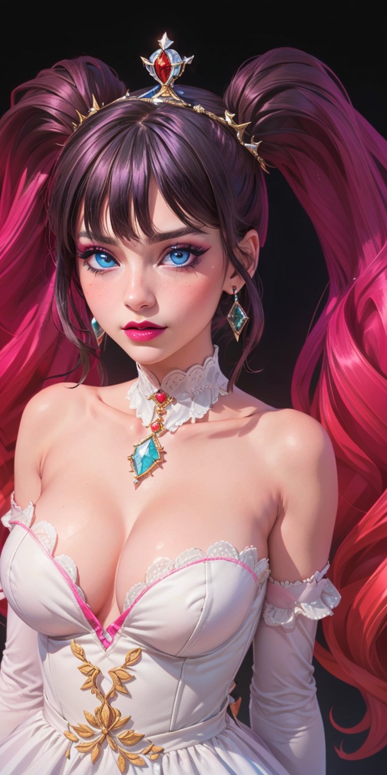 1girl, (masterpiece, best quality, ultra-detailed, 8K), ((black background)), vibrant colors, (twintails, bangs, long_hair, multicolor_hair)),((blue_eyes, grunge makeup, pink lips, ))large breasts, ((white dress, cleavage, strapless,sleeveless,)), ((blank background)) , happy_face, smile, jewels, ((upper_body, head and shoulder portrait,)), hair_ornament, little crown, jewelry, looking_at_viewer,High detailed, CannonRose, elbow_gloves, gloves, 