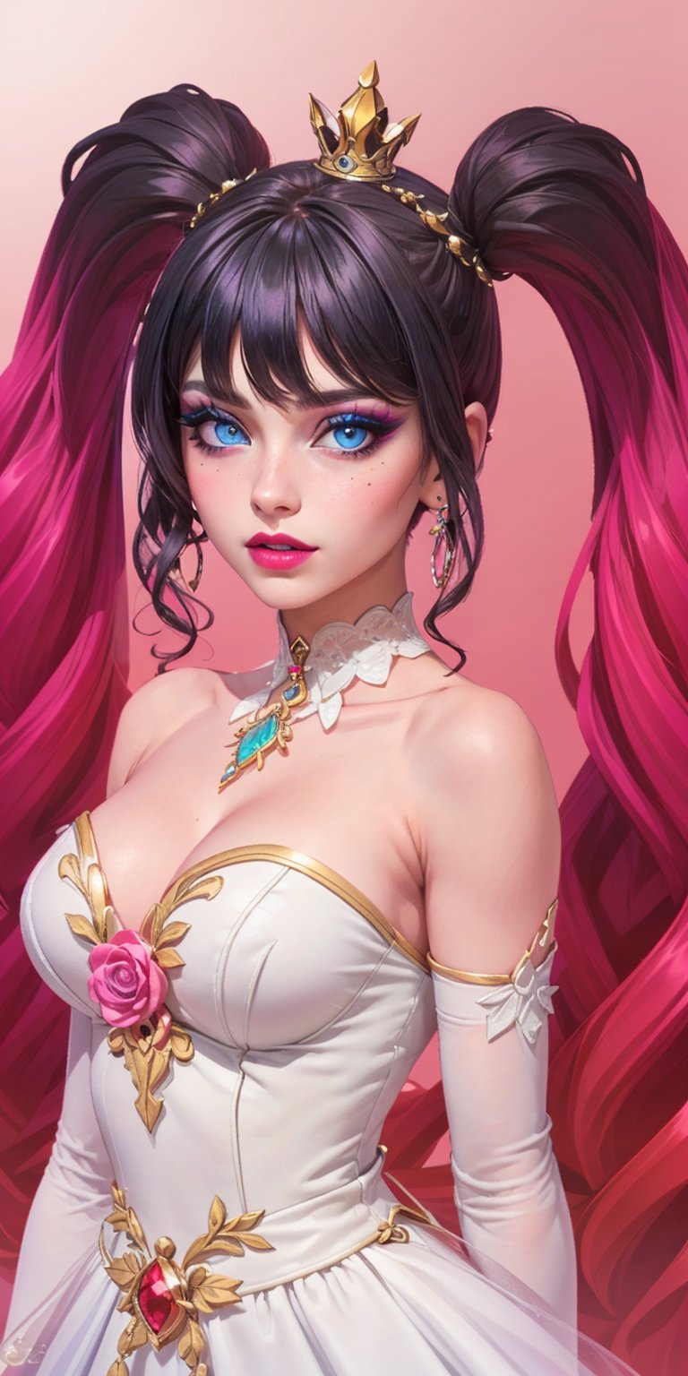 1girl, (masterpiece, best quality, ultra-detailed, 8K), ((black background)), vibrant colors, (twintails, drill_hair, bangs, very_long_hair, multicolor_hair)),((blue_eyes, grunge makeup, pink lips, ))large breasts, ((white dress, , strapless,sleeveless,)), ((blank background)) , happy_face, smile, jewels, ((upper_body, head and shoulder portrait,)), hair_ornament, little crown, jewelry, looking_at_viewer,High detailed, CannonRose, elbow_gloves, gloves, 