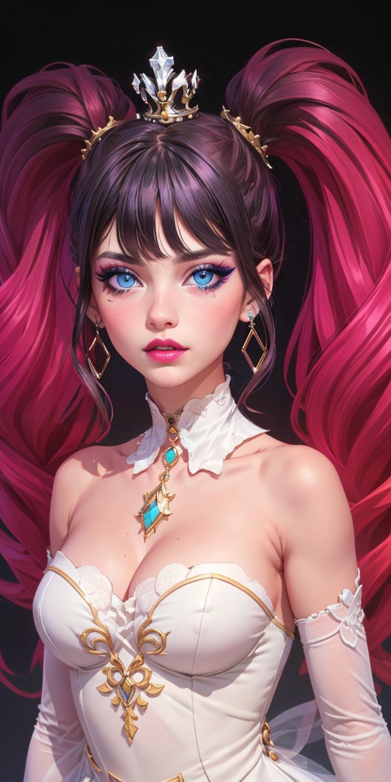 1girl, (masterpiece, best quality, ultra-detailed, 8K), ((black background)), vibrant colors, (twintails, drill_hair, bangs, very_long_hair, multicolor_hair)),((blue_eyes, grunge makeup, pink lips, ))large breasts, ((white dress, , strapless,sleeveless,)), ((blank background)) , happy_face, smile, jewels, ((upper_body, head and shoulder portrait,)), hair_ornament, little crown, jewelry, looking_at_viewer,High detailed, CannonRose, elbow_gloves, gloves, 