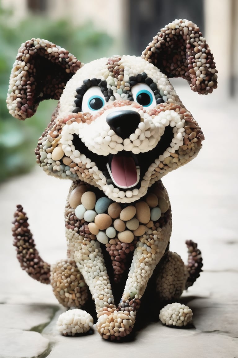 An happy canine character made of pebbles, Inspired by Katia Chausheva's viennese actionism.