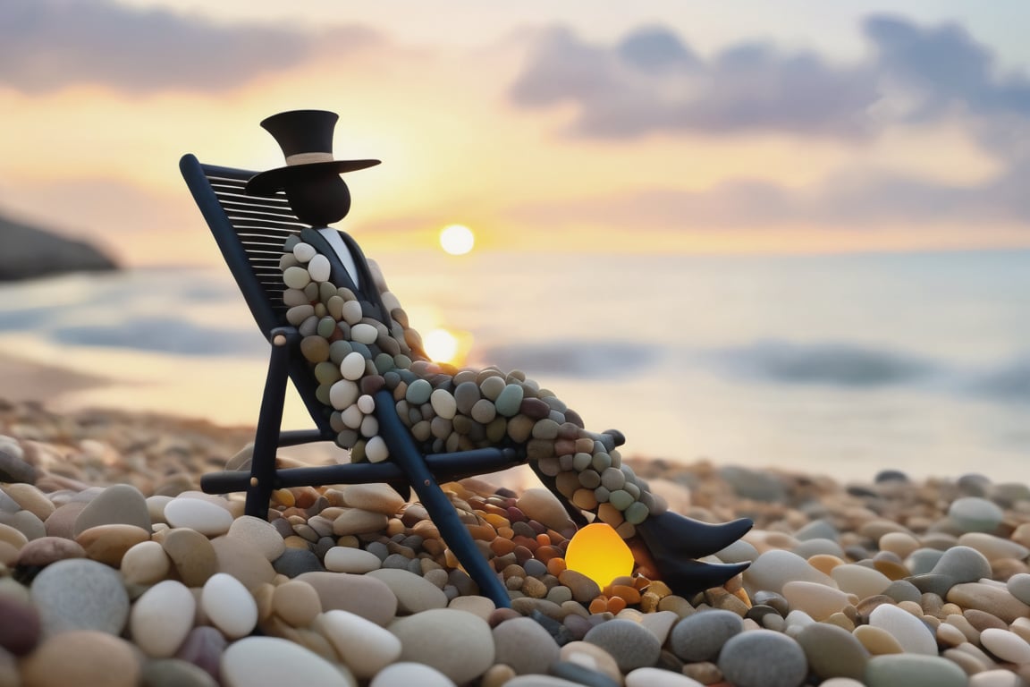 An elegantly dressed whimsical character made out of smooth river pebbles, sitting in a deckchair on the beach watching a sunset over the ocean, Inspired by Katia Chausheva's viennese actionism.