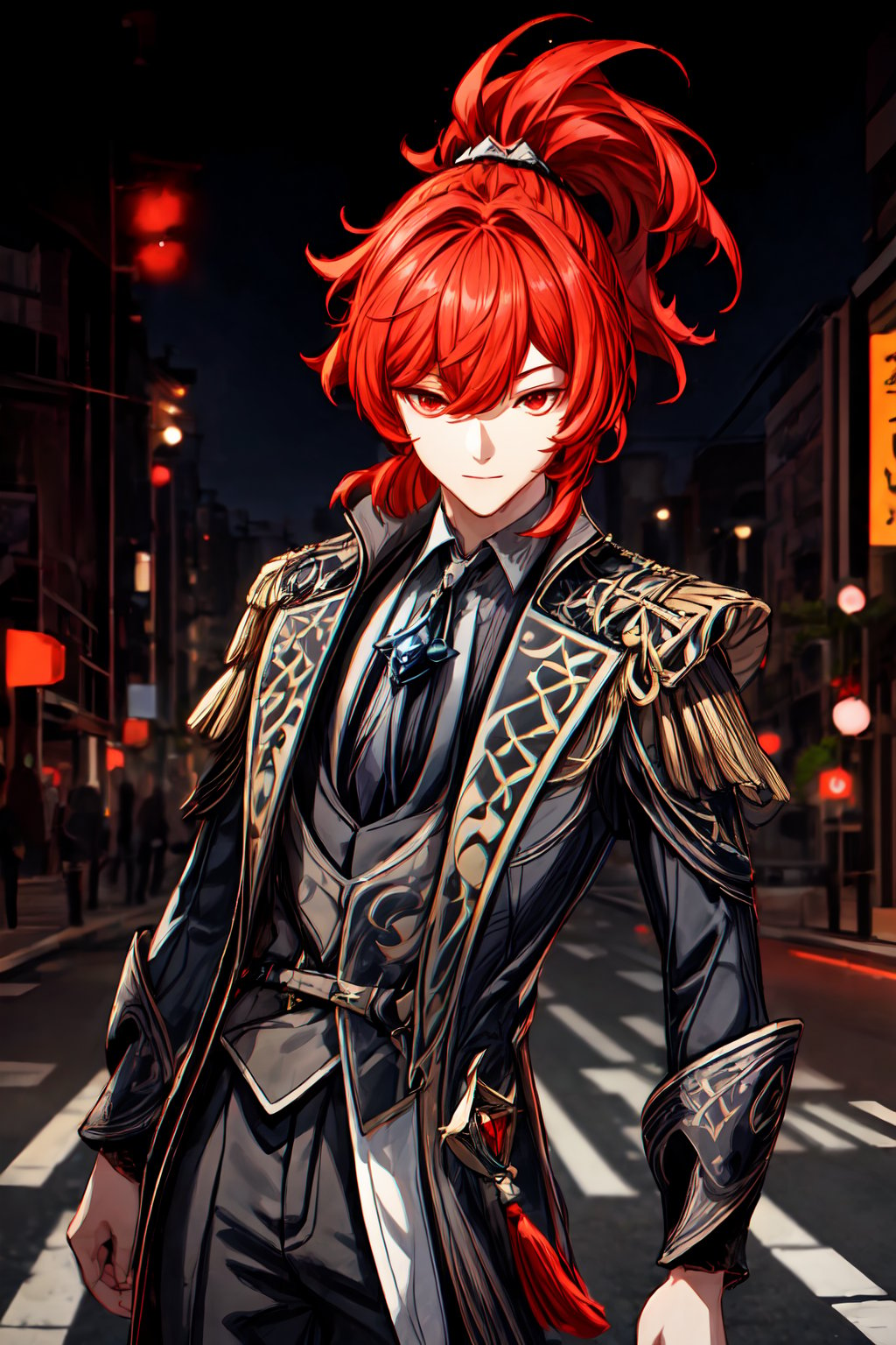 1boy, solo, diluc \(genshin impact\), red eyes, red hair, overgrown hair, long hair, ponytail, outdoor, in the middle of the road, traffic light, tall building, city, look at viewer, light smile, best quality, potrait, (extremely detailed CG unity 8k wallpaper, masterpiece, best quality), (detailed background), High contrast, (best illumination, an extremely delicate and beautiful), realistic, perfect light,diluc \(genshin impact\)