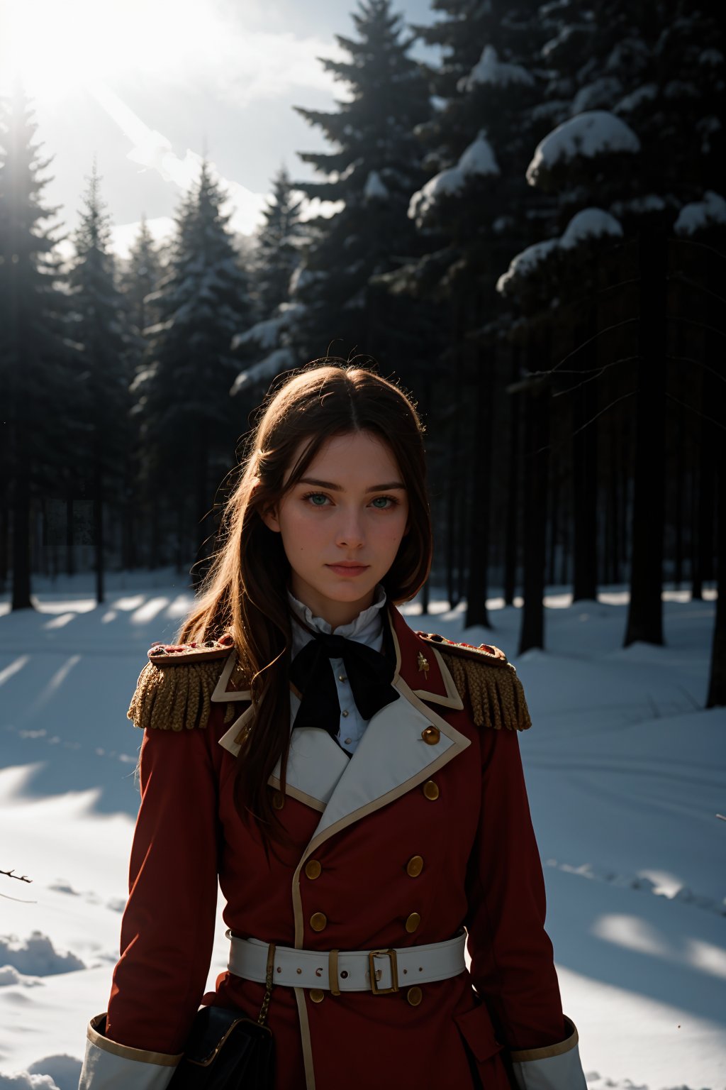 ginger, woman, long hair, green eyes, beautiful, gorgeous, On a Napoleonic battlefield, a ray of light from heaven illuminates his face, In the background a large battlefield covered in snow and blood, 8k, soft lighting, high quality, film grain, Fujifilm 