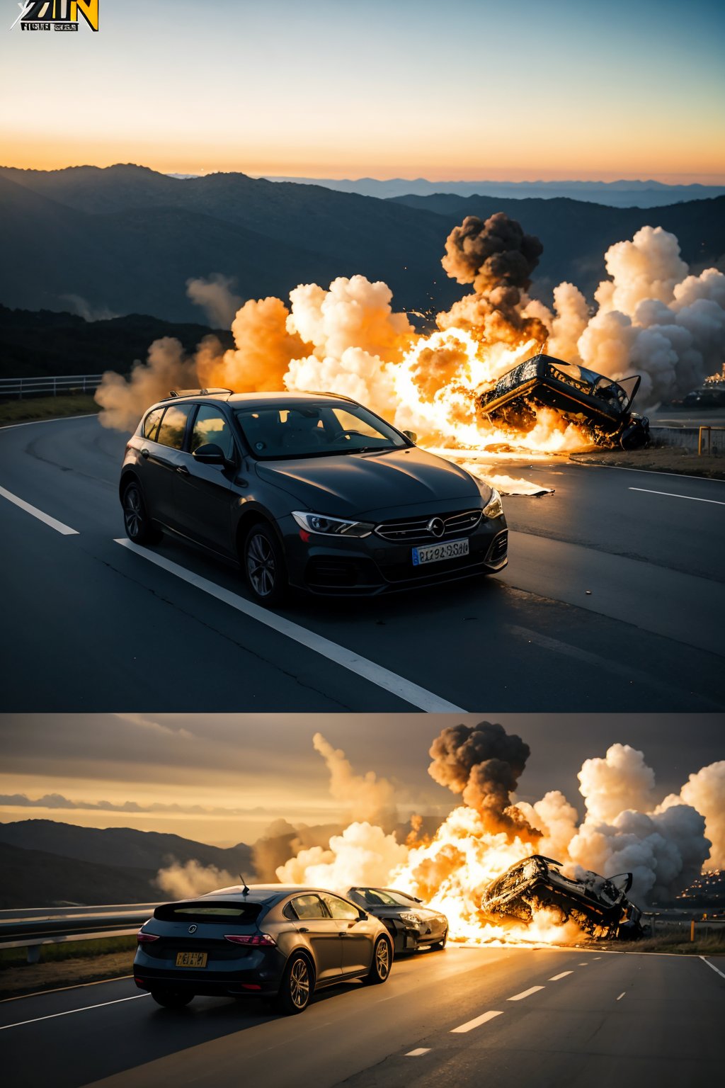 ral-vlntxplzn, car accident, explosion, flying though a paradox, cinematic scene, scenery, detailed background, masterpiece, best quality, high quality, highres, absurdres, very detailed, high resolution, sharp, sharp image, 8k, multicolored, colorful, vivid, award winning, stunning, amazing 