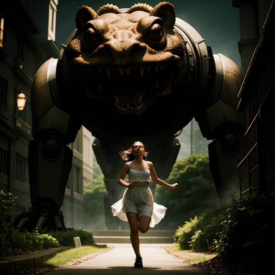 photo of a beautiful princess being chased by a huge terrifying cybernetic giant toad,  detailed face, horror, ziprealism
