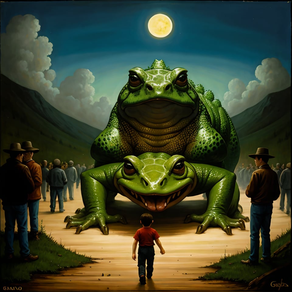 painting of terrifying giant toad chasing people in the style of Gerald Brom