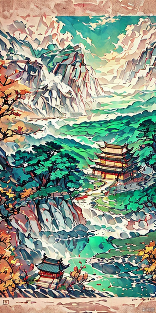 There is a soil slope in the foreground, with trees on top. In the middle ground, there are ancient buildings among the trees. In the distance, there are continuous undulating mountains, surrounded by clouds and mist.,pixel world,a photo of shanshui byjinliang,zydink,山水, LAOWANG,风景, zydink