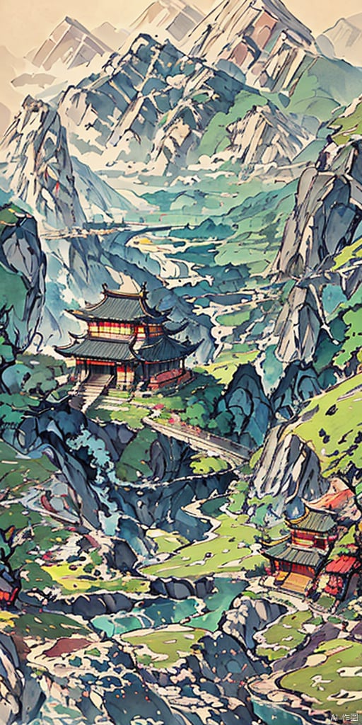 There is a soil slope in the foreground, with trees on top. In the middle ground, there are ancient buildings among the trees. In the distance, there are continuous undulating mountains, surrounded by clouds and mist.,pixel world,a photo of shanshui byjinliang,zydink,山水, LAOWANG,风景, zydink