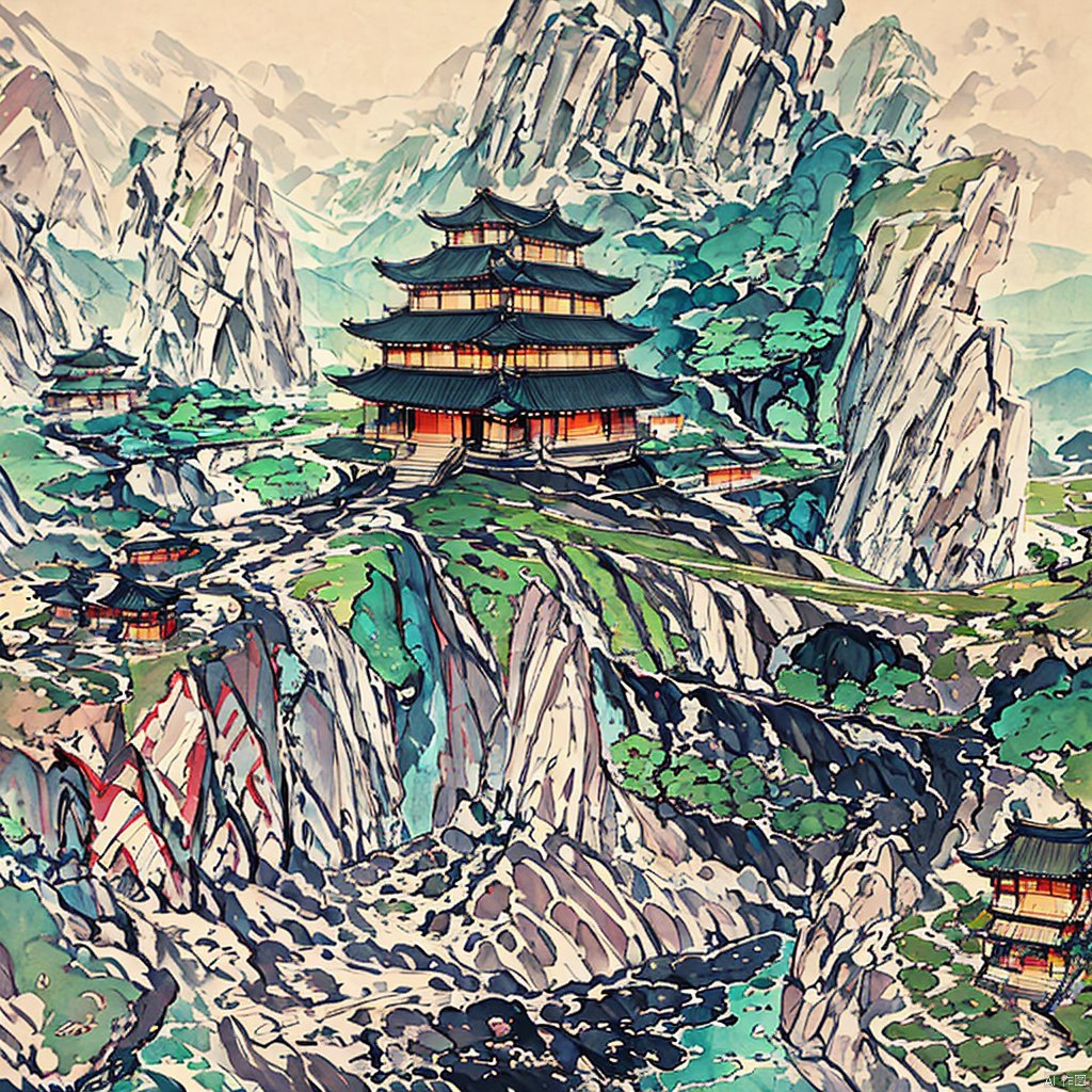 There is a soil slope in the foreground, with trees on top. In the middle ground, there are ancient buildings among the trees. In the distance, there are continuous undulating mountains, surrounded by clouds and mist.,pixel world,a photo of shanshui byjinliang,zydink,山水, LAOWANG,风景, zydink