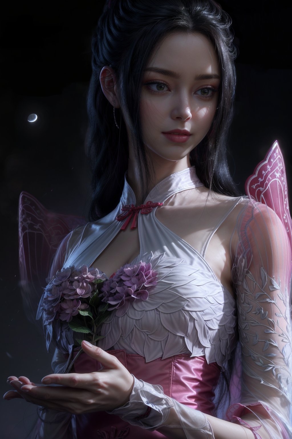 masterpiece, best quality, high quality, High definition, High quality texture, High quality shadow, high detail, Cinematic Light, sidelighting, Ray tracing, sharp focus, gundam,garden,(most of body),night, full moon,1 girl, mature woman, Chinese style, ancient China, sister, imperial sister, smile, dark hair, princess cut, a Fried Dough Twists braid, coiled hair, double ball head, light pink lips, calm, intellectual, middle hair, green eyes, hairpin,(hydrangea:1.2), fine face, facial close-up,ancient Chinese clothes,Beautiful face,upon_body, tyndall effect,photorealistic, rim lighting, two tone lighting,(high detailed skin:1.2), 8k uhd, dslr, soft lighting, high quality, Photograph, high resolution, 4k, 8k, Bokeh