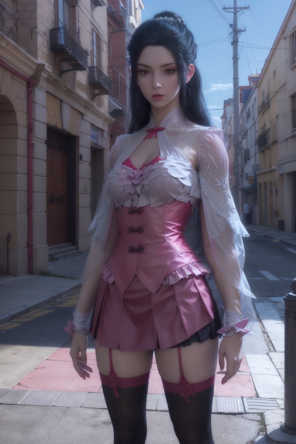 There is a woman in a short skirt and jacket posing for a photo, Surrealism female students, Surrealism female students, Realistic , photorealistic anime girl rendering, small curvaceous , thighhighs and skirt, 3 d anime realistic, highly detailed giantess shot, Photorealistic anime, photorealistic full body, [ 4 K photorealism ]!!