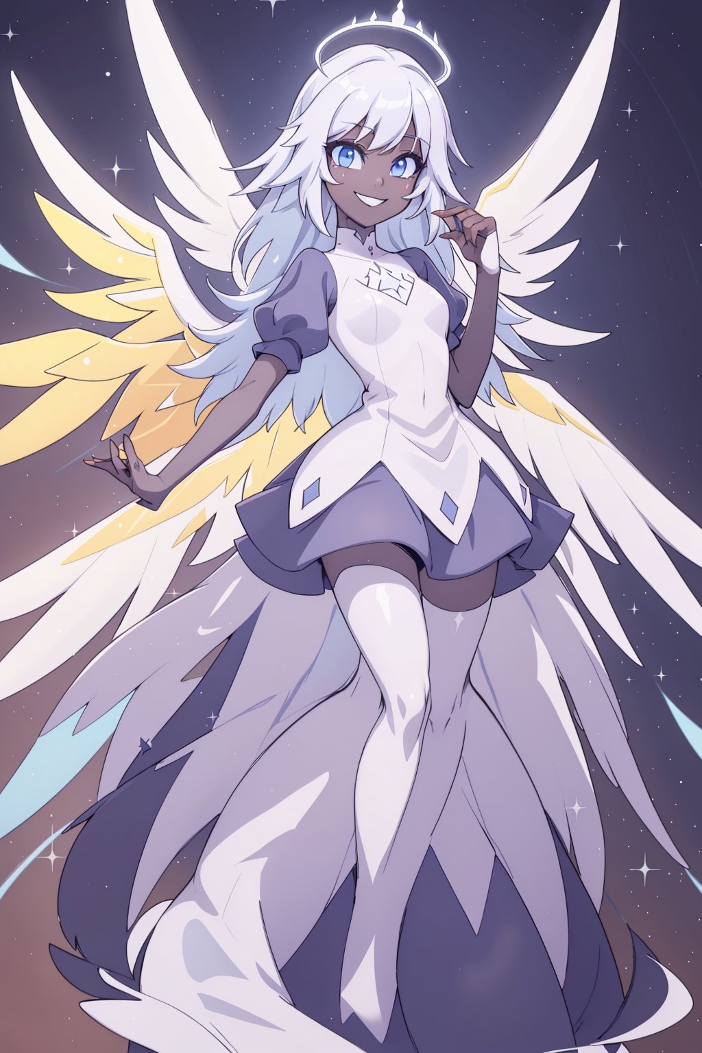 1girl, solo, angel, wings, multiple wings, dark skin, grey skin, blue eyes, happy smile, black lips, dress, hands up, standing, full body, white wings, holo, crystal holo, puffy sleeves, perfect_fingers,