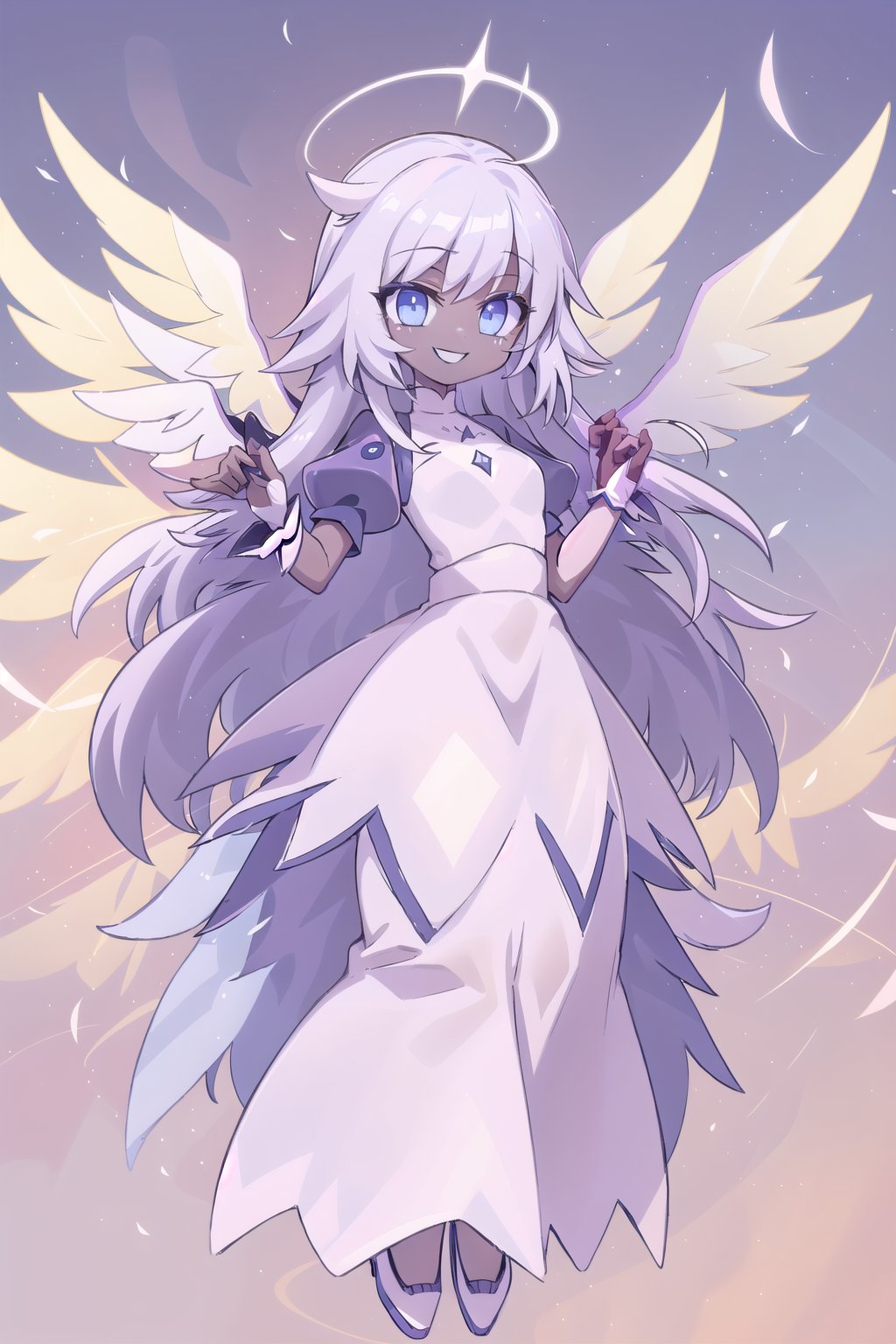 1girl, solo, angel, wings, multiple wings, dark skin, grey skin, blue eyes, happy smile, black lips, dress, hands up, standing, full body, white wings, holo, crystal holo, puffy sleeves, long gloves, 2d