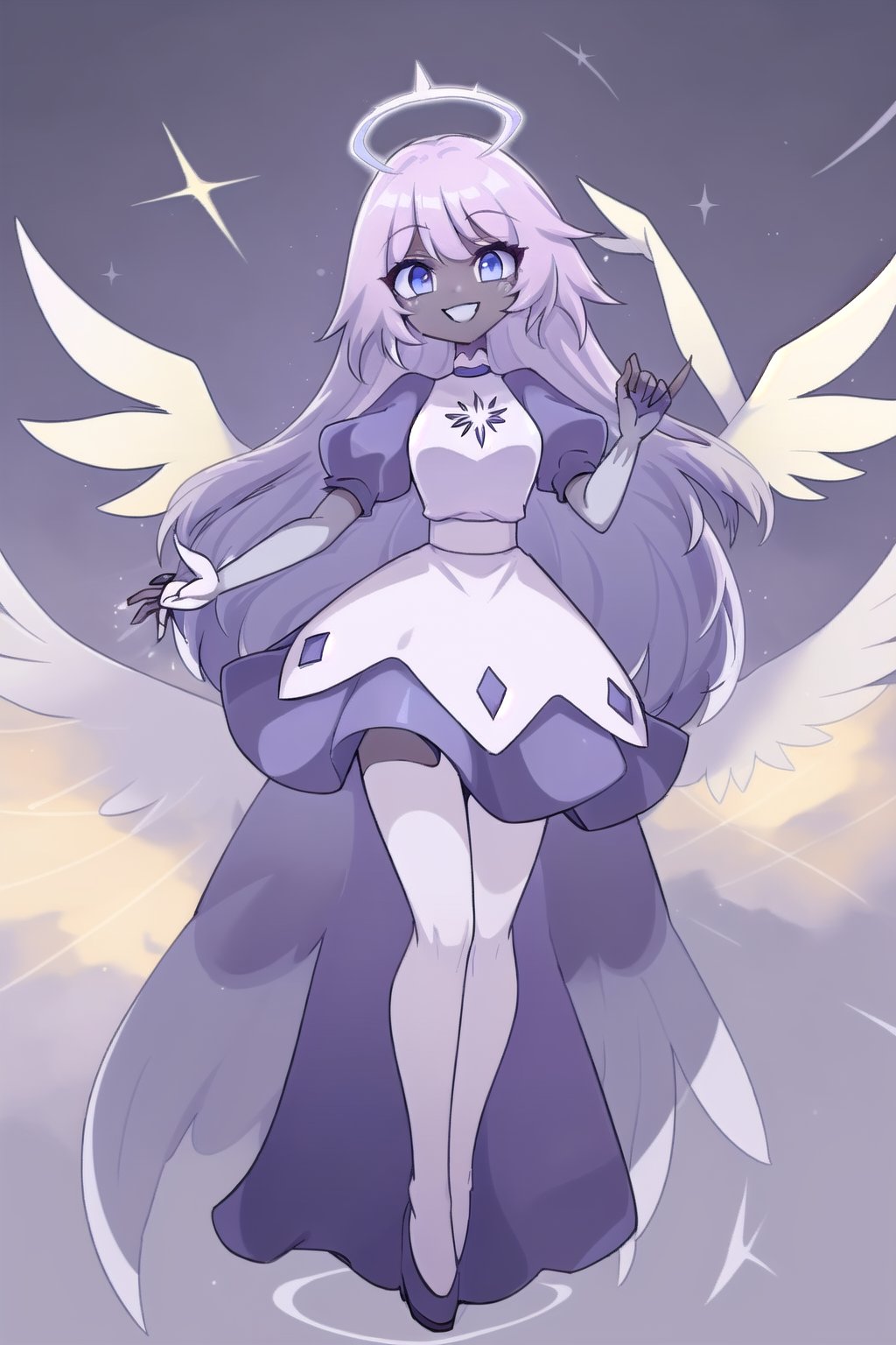 1girl, solo, angel, wings, multiple wings, dark skin, grey skin, blue eyes, happy smile, black lips, dress, hands up, standing, full body, white wings, holo, crystal holo, puffy sleeves, long gloves, 2d