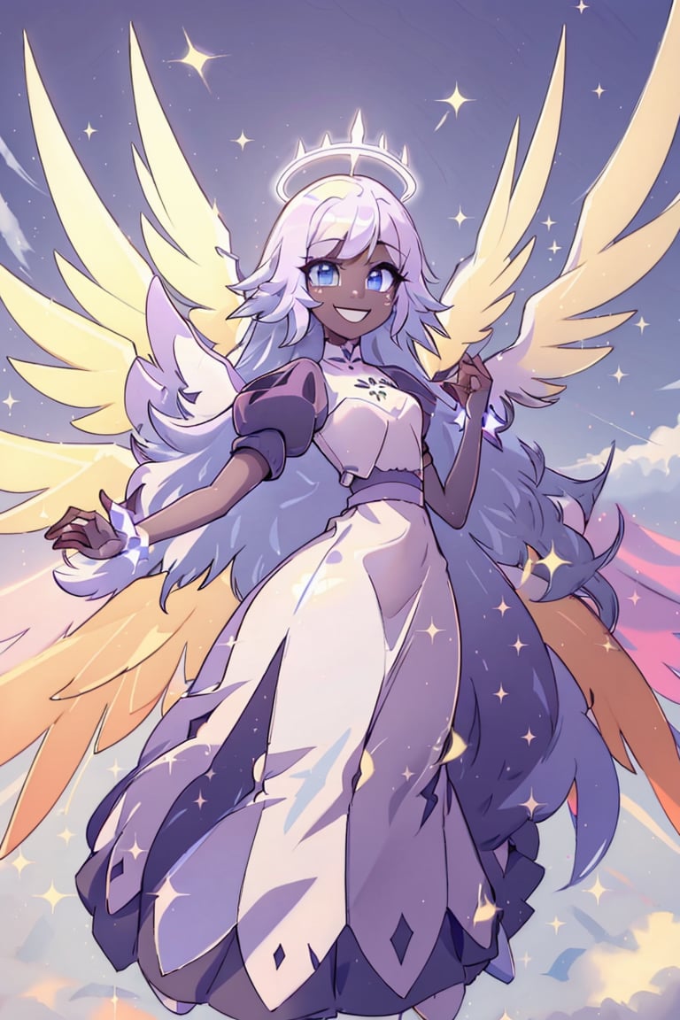 1girl, solo, angel, wings, multiple wings, dark skin, grey skin, blue eyes, happy smile, black lips, dress, hands up, standing, full body, white wings, holo, crystal holo, puffy sleeves, perfect_fingers,