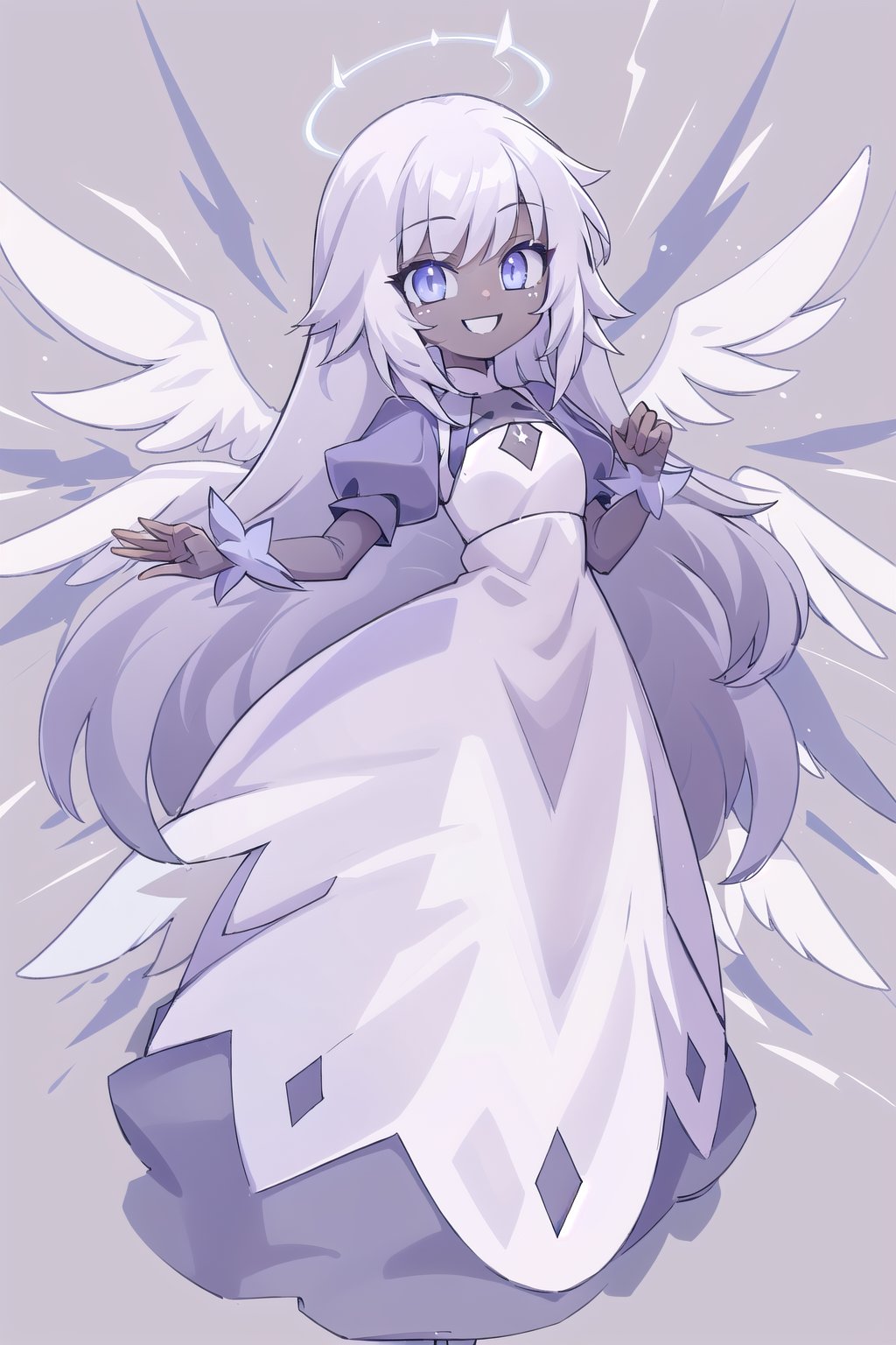 1girl, solo, angel, wings, multiple wings, dark skin, grey skin, blue eyes, happy smile, black lips, dress, hands up, standing, full body, white wings, holo, crystal holo, puffy sleeves, perfect_fingers, 2d