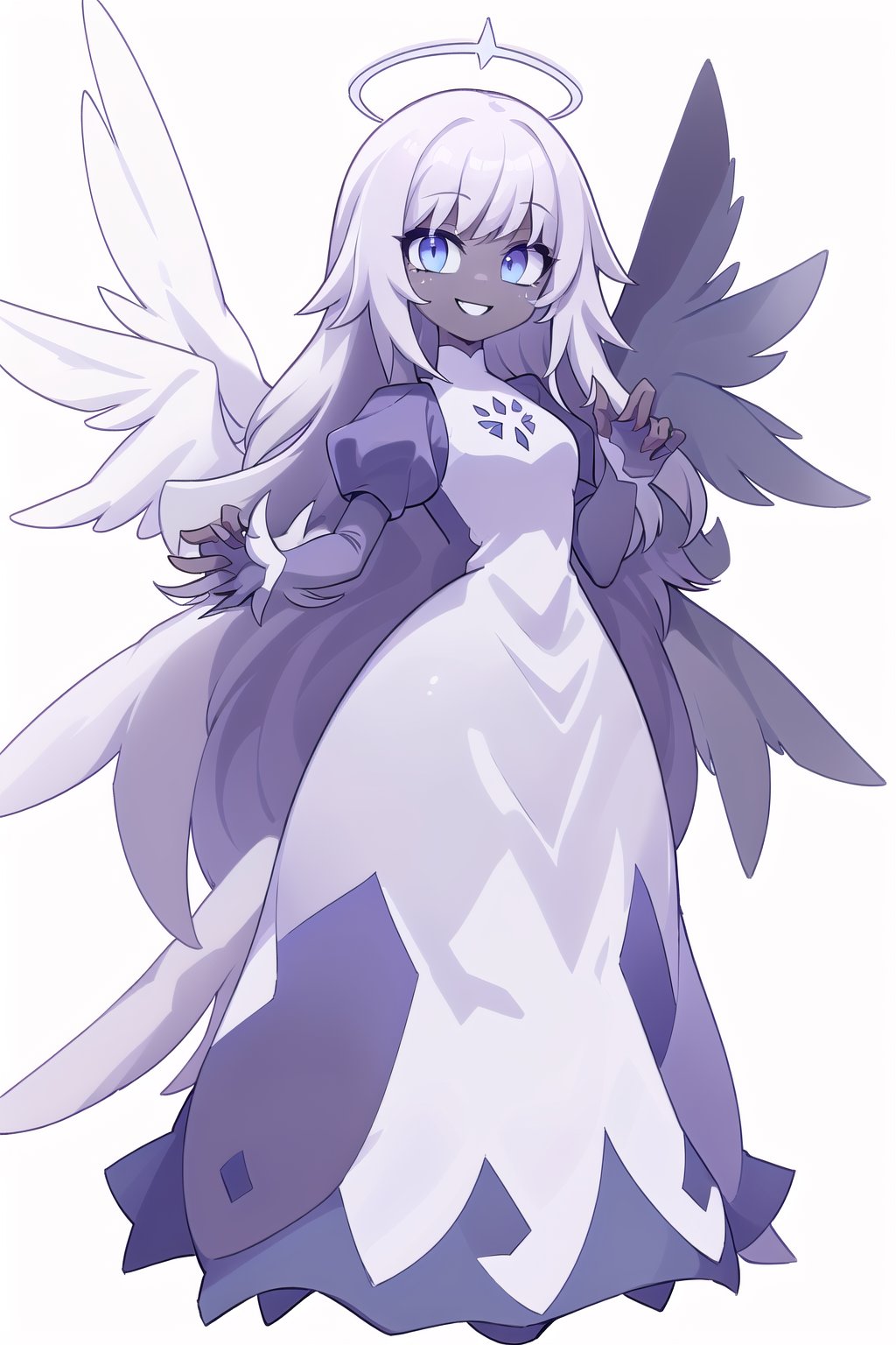 1girl, solo, angel, wings, multiple wings, dark skin, grey skin, blue eyes, happy smile, black lips, dress, hands up, standing, full body, white wings, holo, crystal holo, puffy sleeves, perfect_fingers, 2d