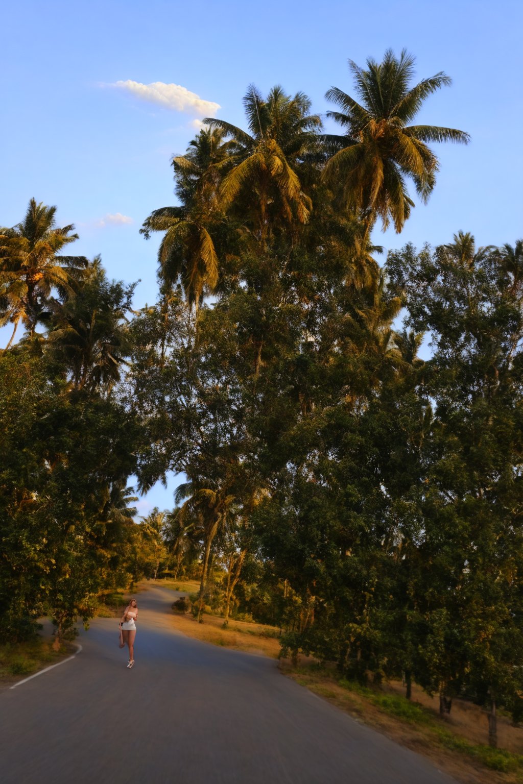 1girl, solo, long hair, looking at viewer, smile, black hair, navel, midriff, lips, head tilt, realistic, outdoors, sky, day, cloud, tree, blue sky, no humans, plant, ground vehicle, scenery, motor vehicle, realistic, palm tree, car, road, photo background, real world location,photorealistic