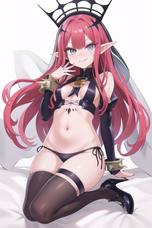 bedroom_background, high_resolution, best quality, extremely detailed, HD, 8K, 
1 girl, solo, figure_sexy, hot, smug_face, , short elf ears, (red_hair:1.2), long hair, medium_breasts, HEADDRESS, CIRCLET, VEIL, PINK HAIR, LONG HAIR, GREY EYES, BRIDAL GAUNTLETS, BARE SHOULDERS, REVEALING CLOTHES, BLACK PANTIES, THIGH STRAP, HIGH HEELS, BLACK NAIL POLISH, SPIKED BRACELEt , GREY SKIN,Shimejima